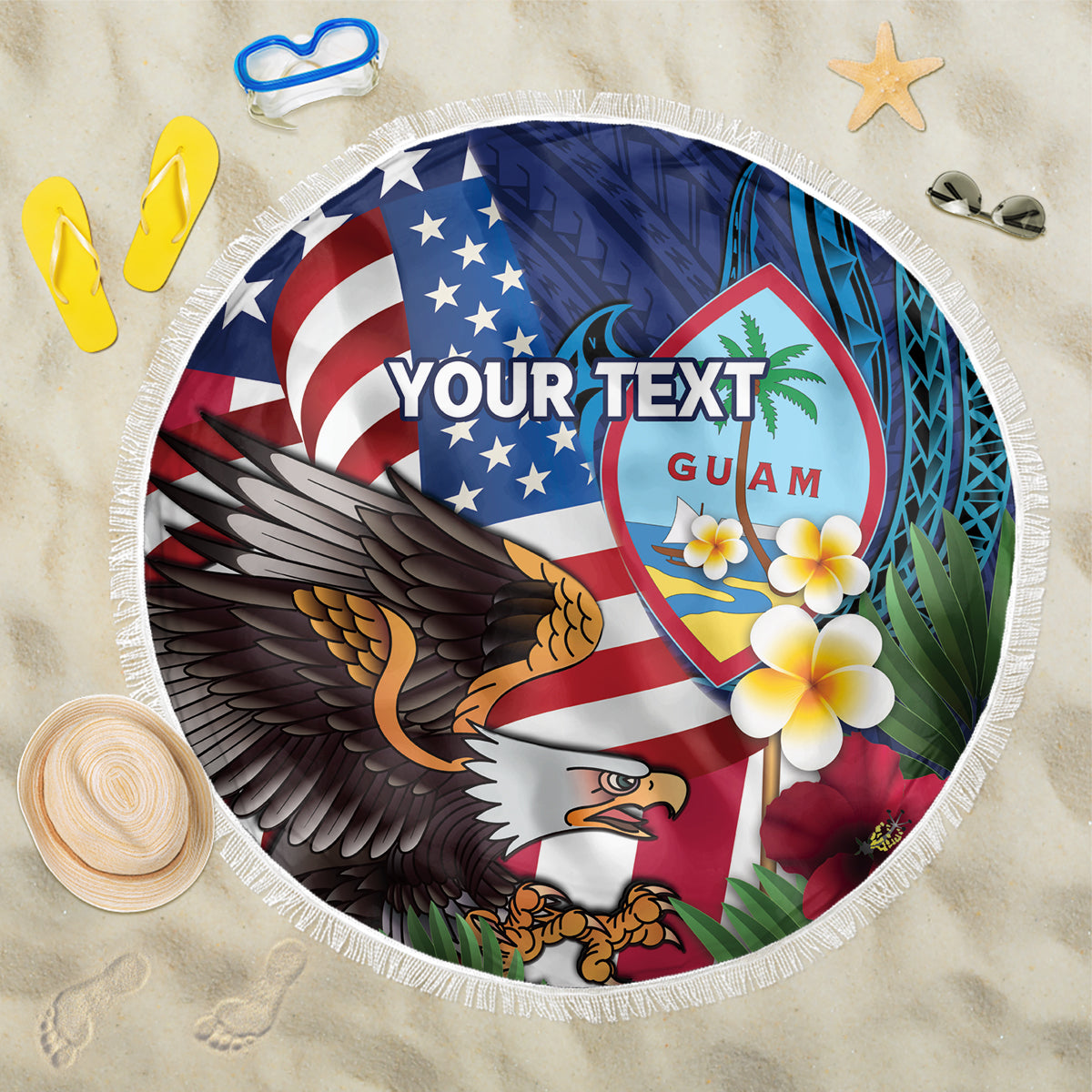 Personalised United States And Guam Beach Blanket USA Eagle With Guahan Seal Tropical Vibes LT14 One Size 150cm Blue - Polynesian Pride