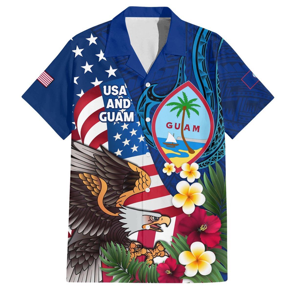 Personalised United States And Guam Hawaiian Shirt USA Eagle With Guahan Seal Tropical Vibes LT14 Blue - Polynesian Pride