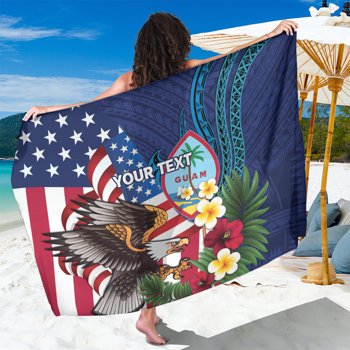 Personalised United States And Guam Sarong USA Eagle With Guahan Seal Tropical Vibes LT14 One Size 44 x 66 inches Blue - Polynesian Pride