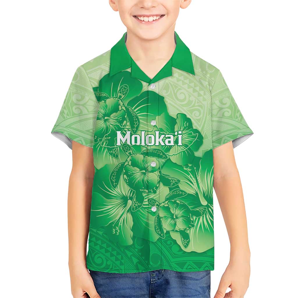 Aloha Hawaii Molokai Island Kid Hawaiian Shirt Hibiscus Tribal Honu Hawaiian Tattoo Green LT14 Kid Green - Polynesian Pride