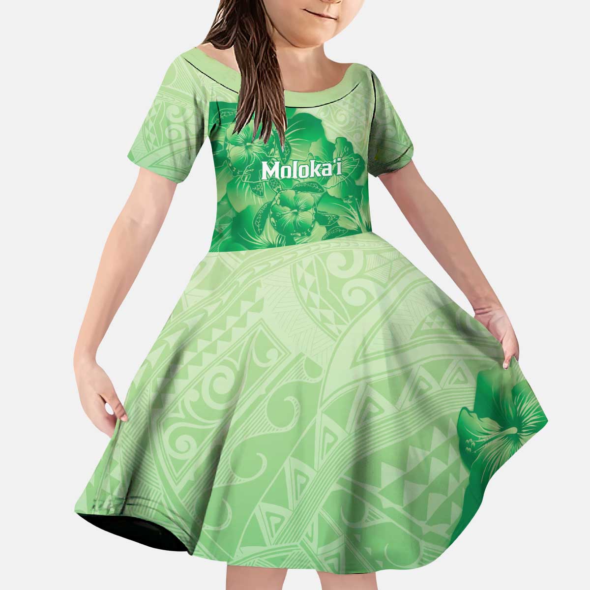 Aloha Hawaii Molokai Island Kid Short Sleeve Dress Hibiscus Tribal Honu Hawaiian Tattoo Green LT14 KID Green - Polynesian Pride