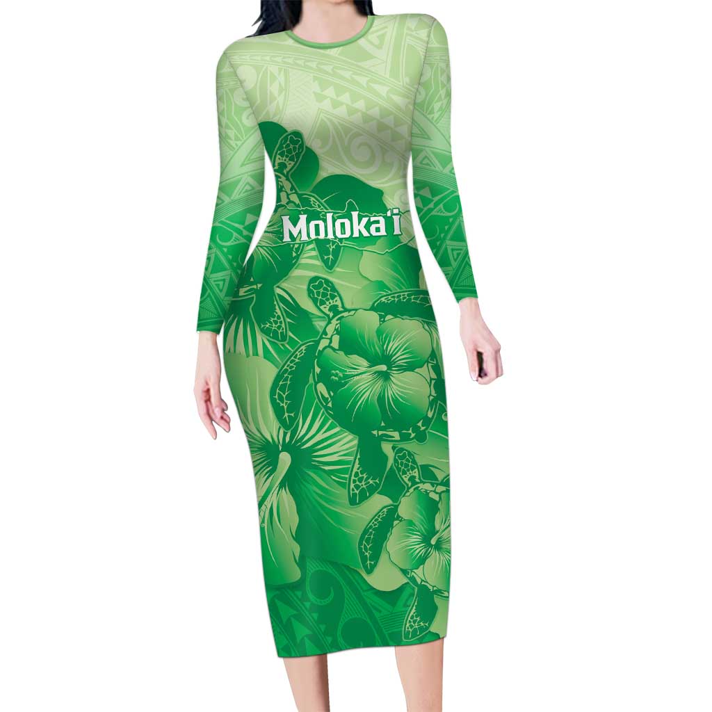Aloha Hawaii Molokai Island Long Sleeve Bodycon Dress Hibiscus Tribal Honu Hawaiian Tattoo Green LT14 Long Dress Green - Polynesian Pride