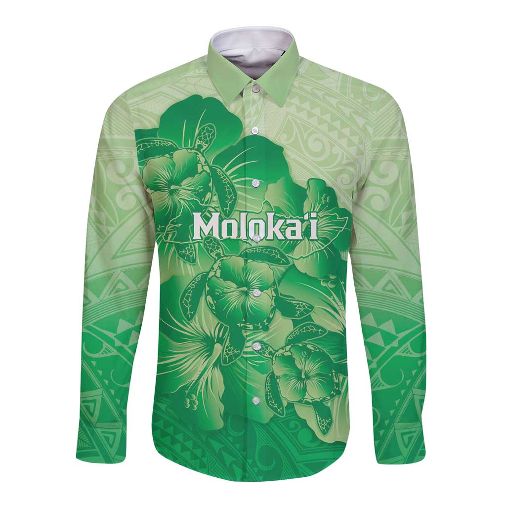 Aloha Hawaii Molokai Island Long Sleeve Button Shirt Hibiscus Tribal Honu Hawaiian Tattoo Green LT14 Unisex Green - Polynesian Pride