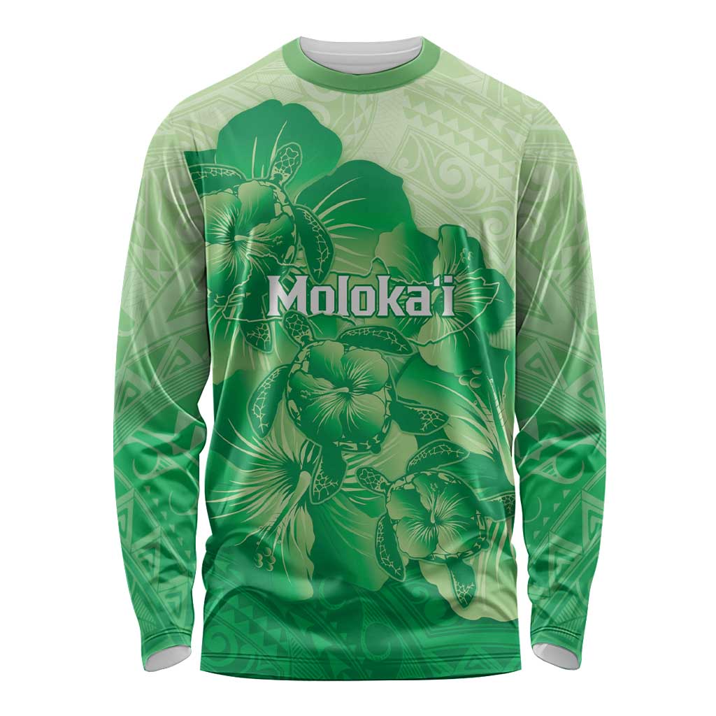 Aloha Hawaii Molokai Island Long Sleeve Shirt Hibiscus Tribal Honu Hawaiian Tattoo Green LT14 Unisex Green - Polynesian Pride