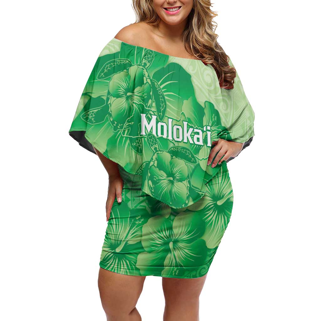 Aloha Hawaii Molokai Island Off Shoulder Short Dress Hibiscus Tribal Honu Hawaiian Tattoo Green