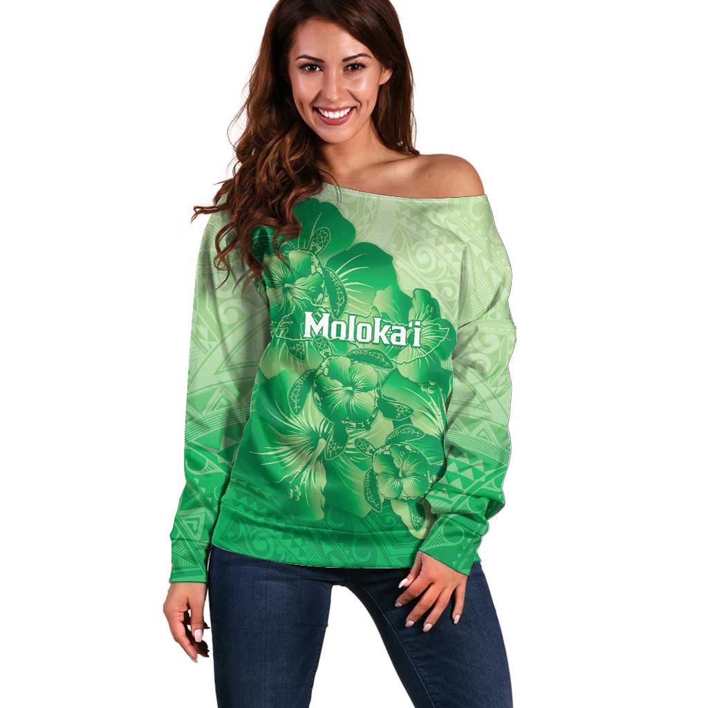 Aloha Hawaii Molokai Island Off Shoulder Sweater Hibiscus Tribal Honu Hawaiian Tattoo Green