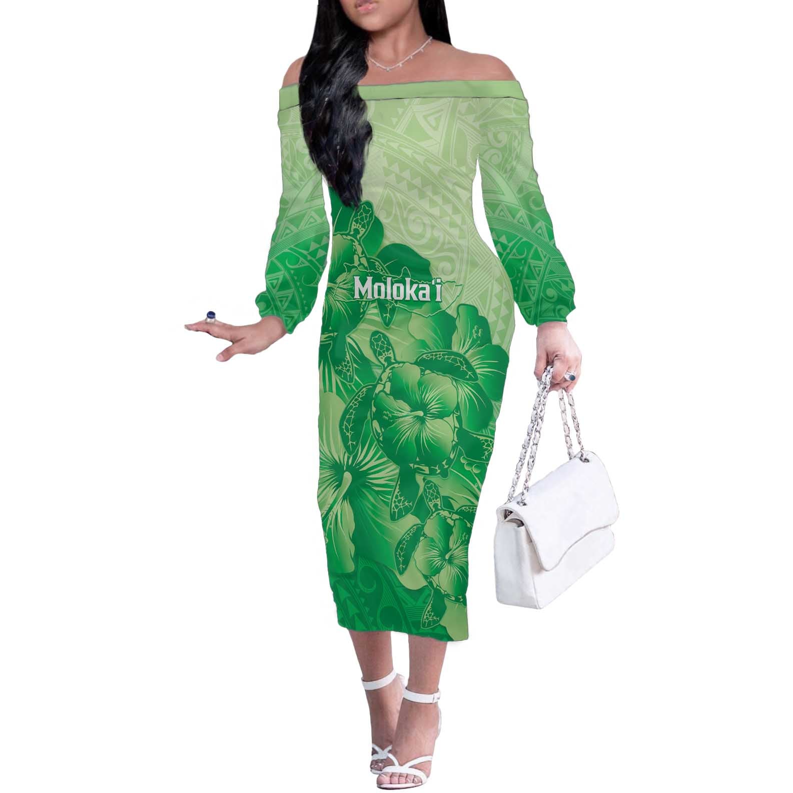 Aloha Hawaii Molokai Island Off The Shoulder Long Sleeve Dress Hibiscus Tribal Honu Hawaiian Tattoo Green