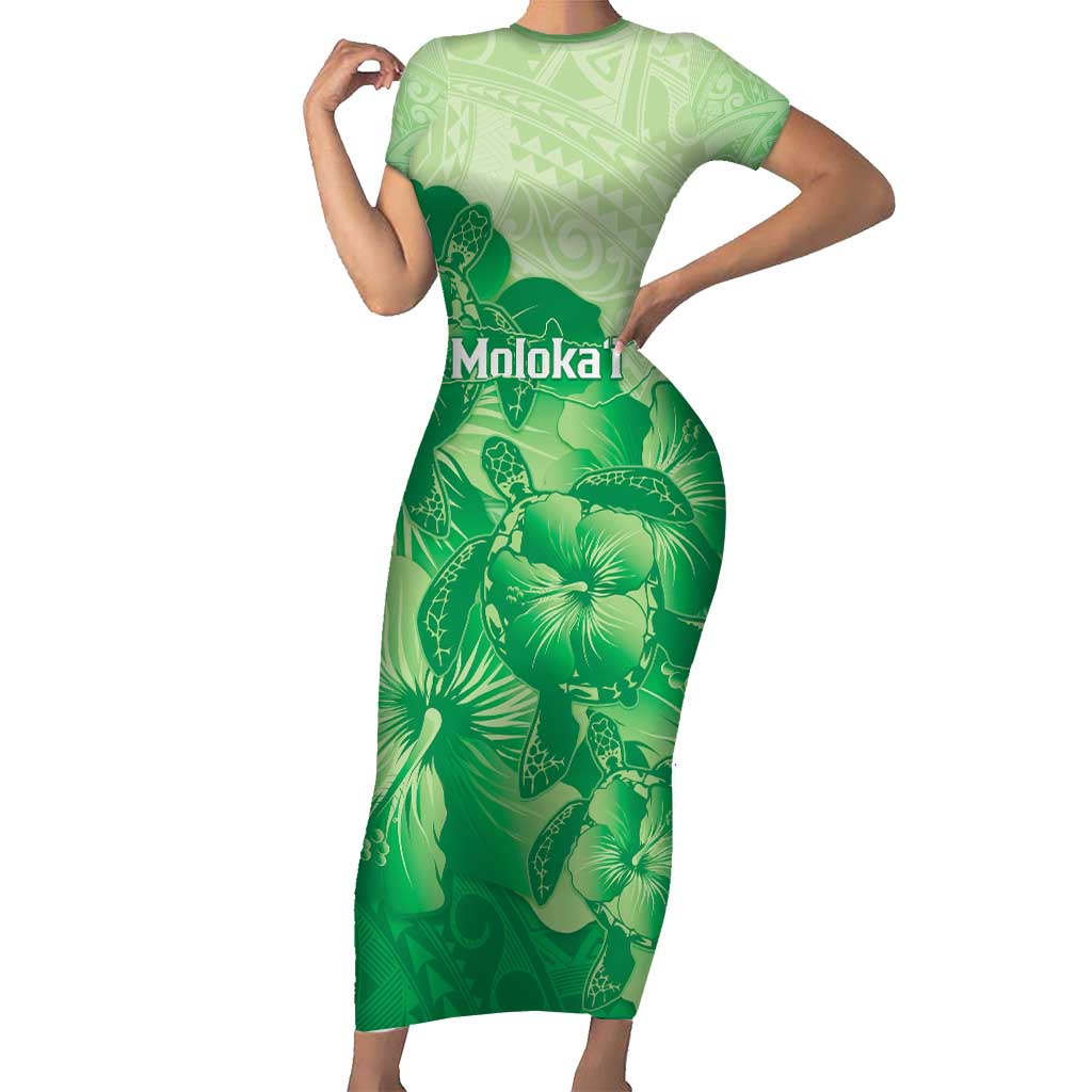 Aloha Hawaii Molokai Island Short Sleeve Bodycon Dress Hibiscus Tribal Honu Hawaiian Tattoo Green