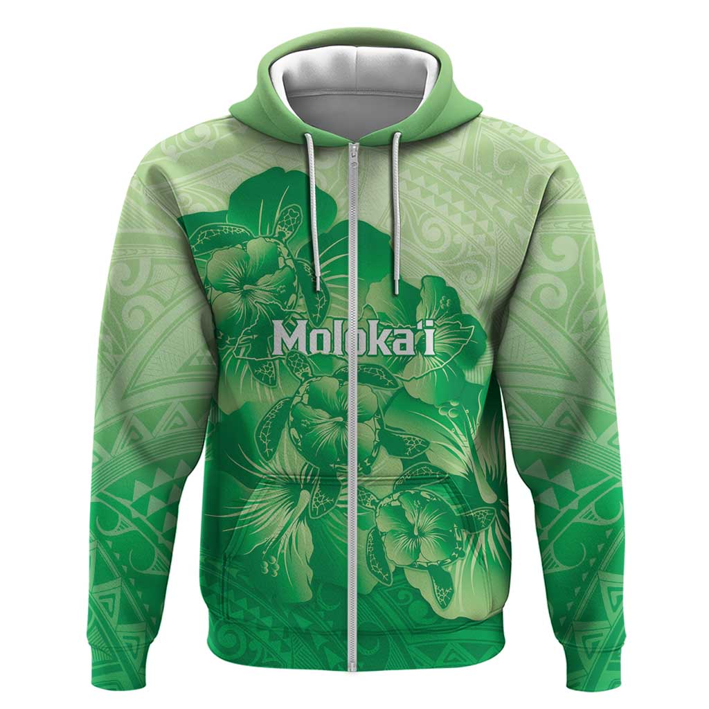 Aloha Hawaii Molokai Island Zip Hoodie Hibiscus Tribal Honu Hawaiian Tattoo Green LT14 Zip Hoodie Green - Polynesian Pride