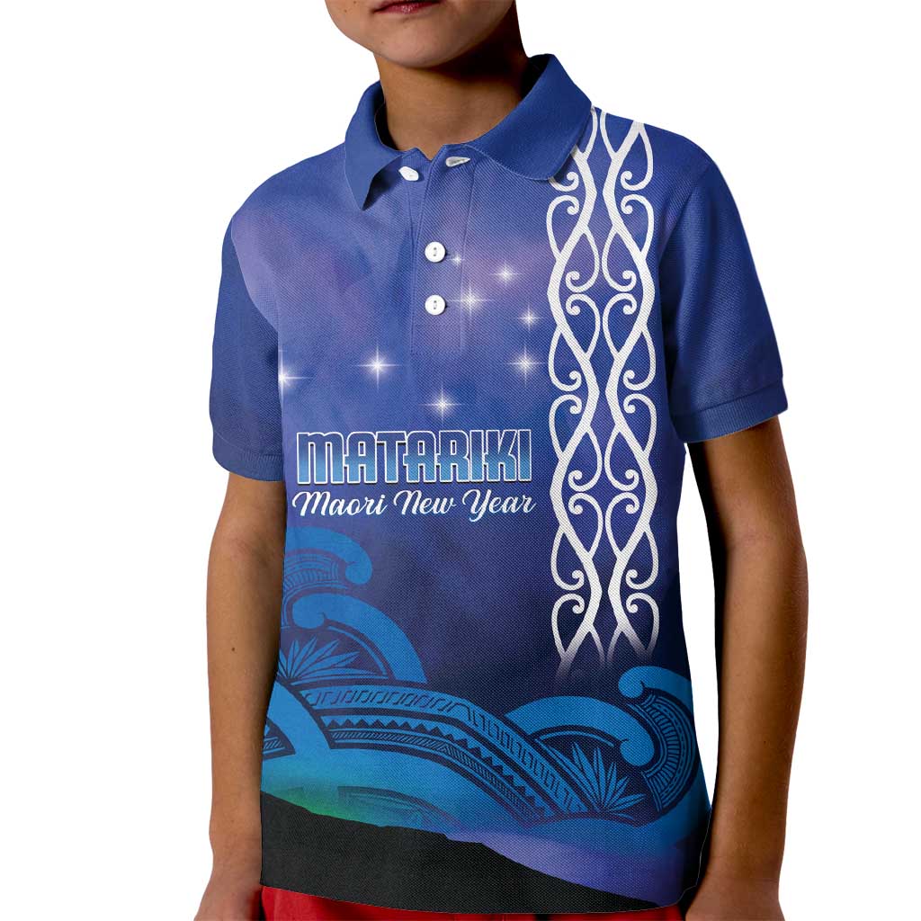 Personalised Matariki New Zealand Kid Polo Shirt Maori New Year Galaxy Koru Pattern LT14 Kid Blue - Polynesian Pride