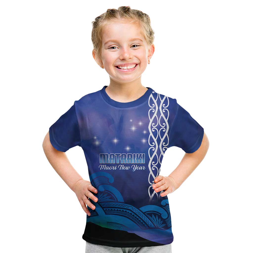 Personalised Matariki New Zealand Kid T Shirt Maori New Year Galaxy Koru Pattern LT14 Blue - Polynesian Pride