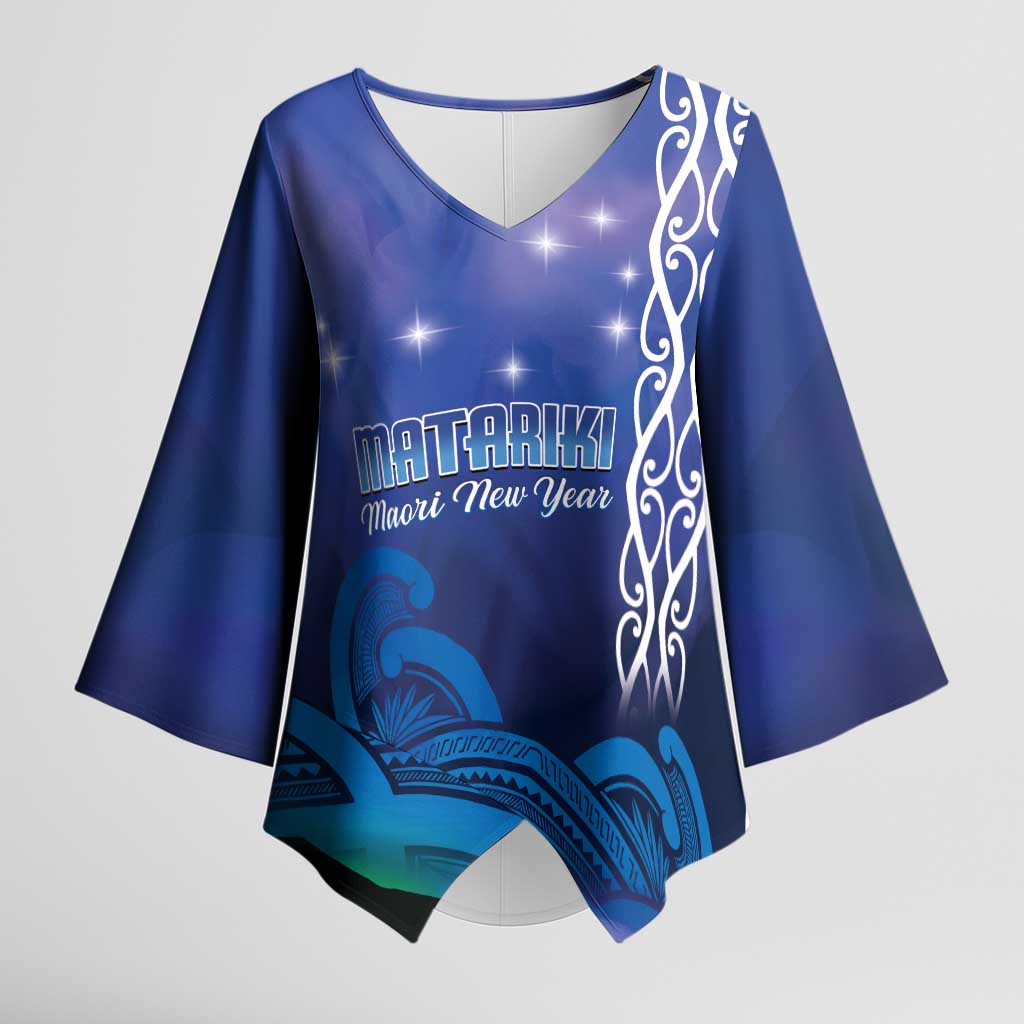 Personalised Matariki New Zealand Kimono Sleeve Blouse Maori New Year Galaxy Koru Pattern LT14 Female Blue - Polynesian Pride