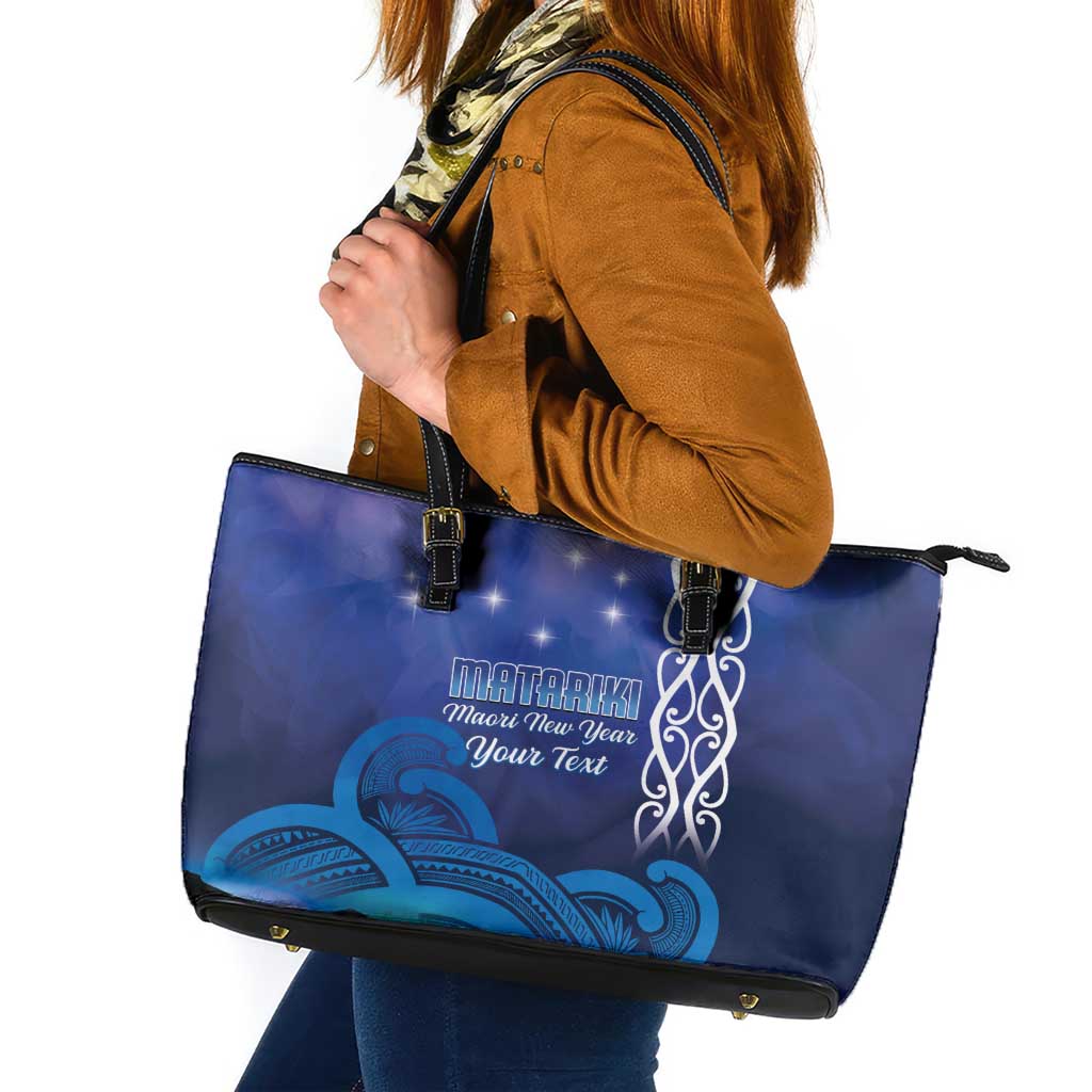 Personalised Matariki New Zealand Leather Tote Bag Maori New Year Galaxy Koru Pattern LT14 Blue - Polynesian Pride