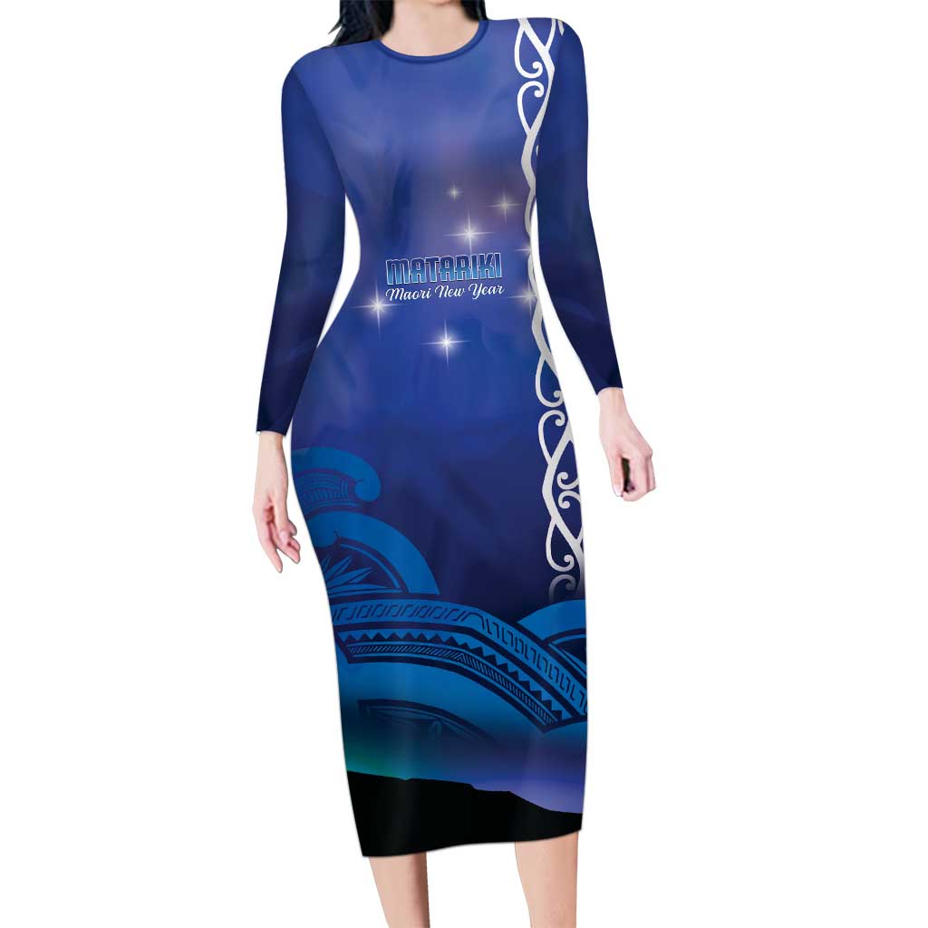 Personalised Matariki New Zealand Long Sleeve Bodycon Dress Maori New Year Galaxy Koru Pattern