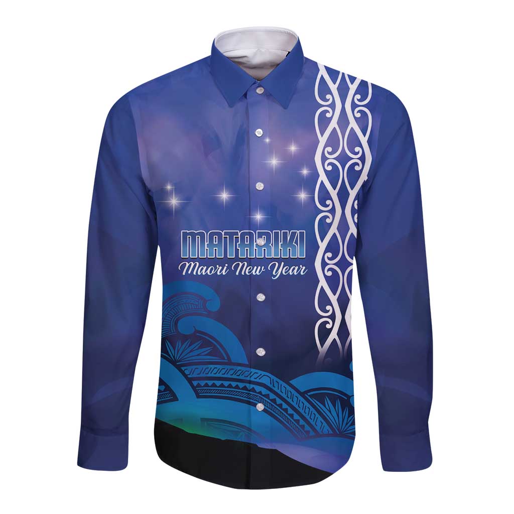 Personalised Matariki New Zealand Long Sleeve Button Shirt Maori New Year Galaxy Koru Pattern LT14 Unisex Blue - Polynesian Pride