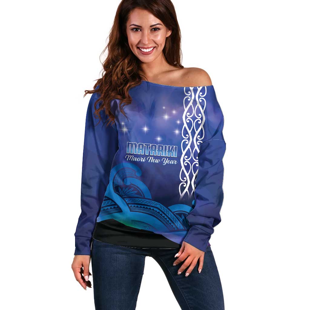 Personalised Matariki New Zealand Off Shoulder Sweater Maori New Year Galaxy Koru Pattern LT14 Women Blue - Polynesian Pride