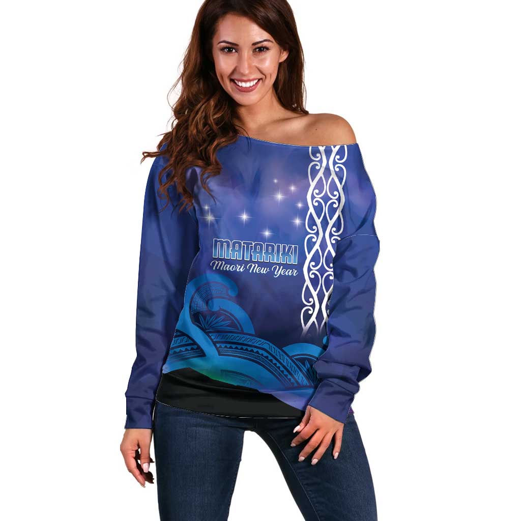 Personalised Matariki New Zealand Off Shoulder Sweater Maori New Year Galaxy Koru Pattern