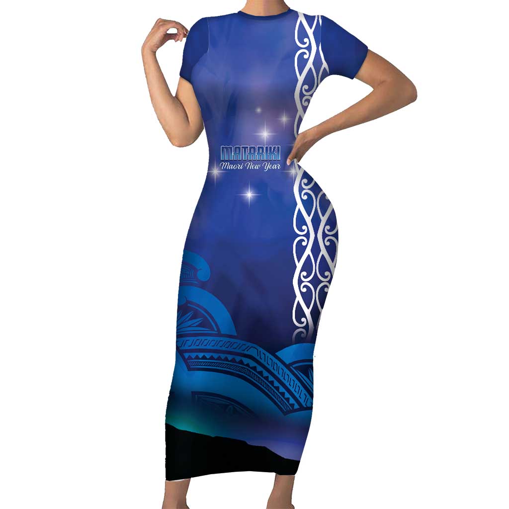 Personalised Matariki New Zealand Short Sleeve Bodycon Dress Maori New Year Galaxy Koru Pattern