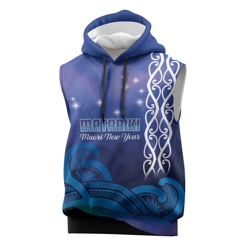 Personalised Matariki New Zealand Sleeveless Hoodie Maori New Year Galaxy Koru Pattern LT14 Blue - Polynesian Pride