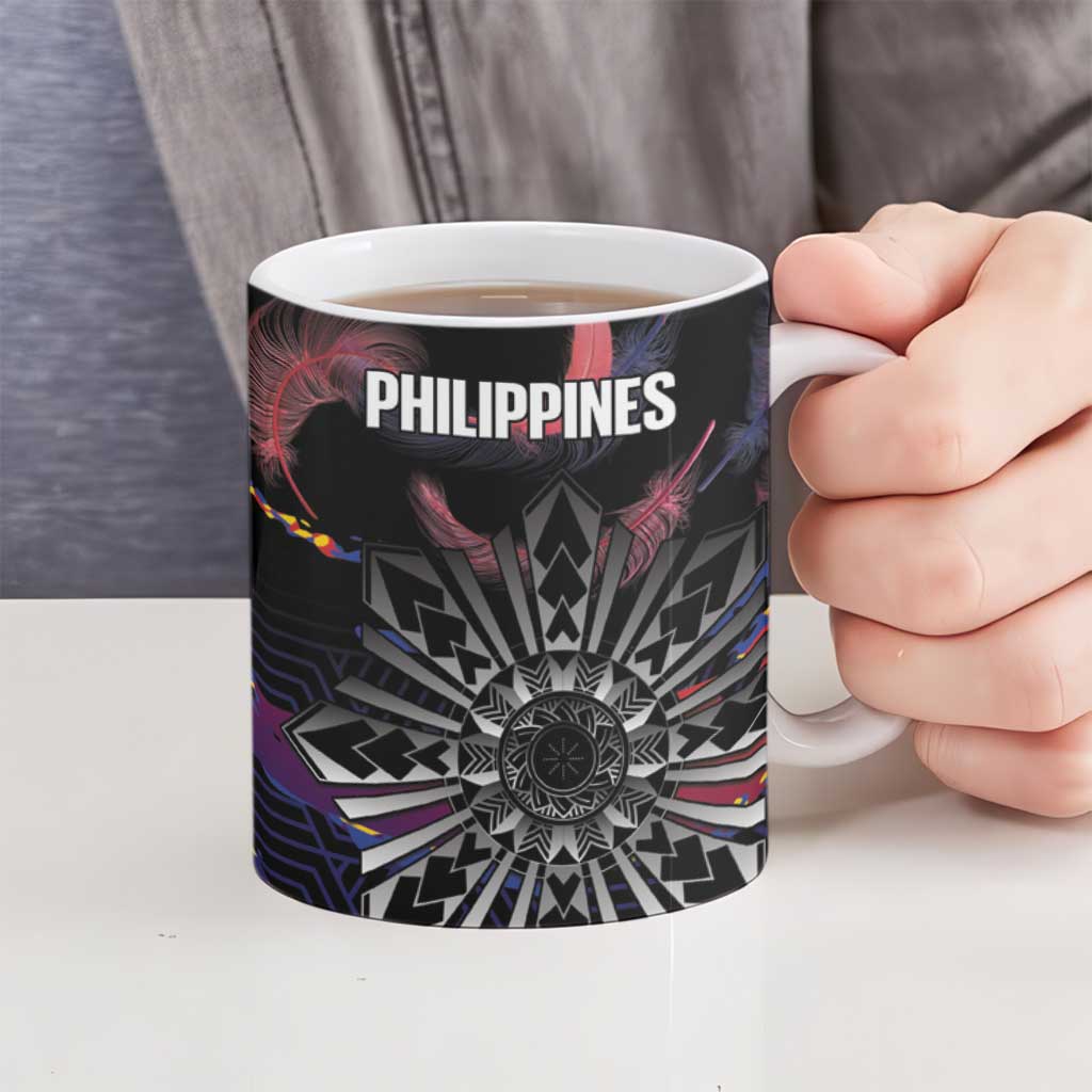Philippines Sun Tattoo Ceramic Mug Feathers Filipinas Grunge Style Black LT14 - Polynesian Pride