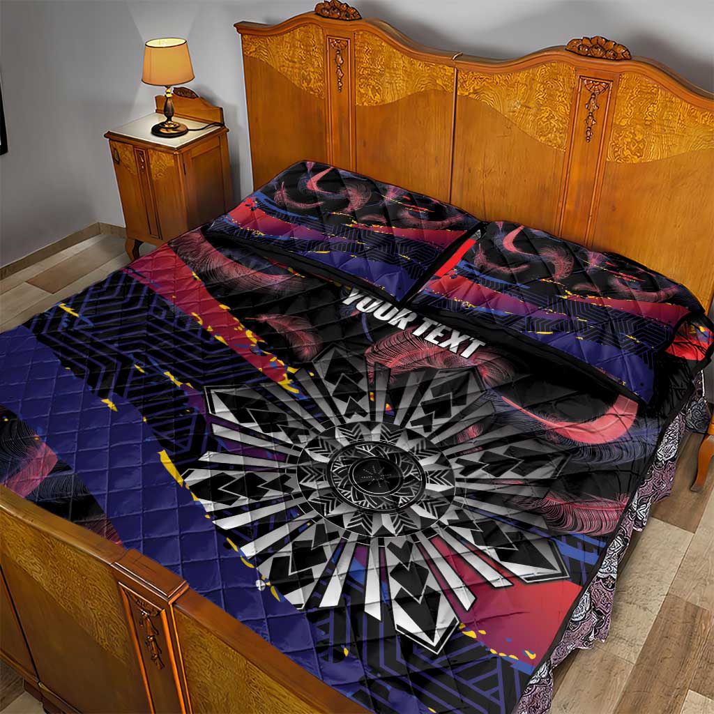 Philippines Sun Tattoo Quilt Bed Set Feathers Filipinas Grunge Style Black LT14 - Polynesian Pride