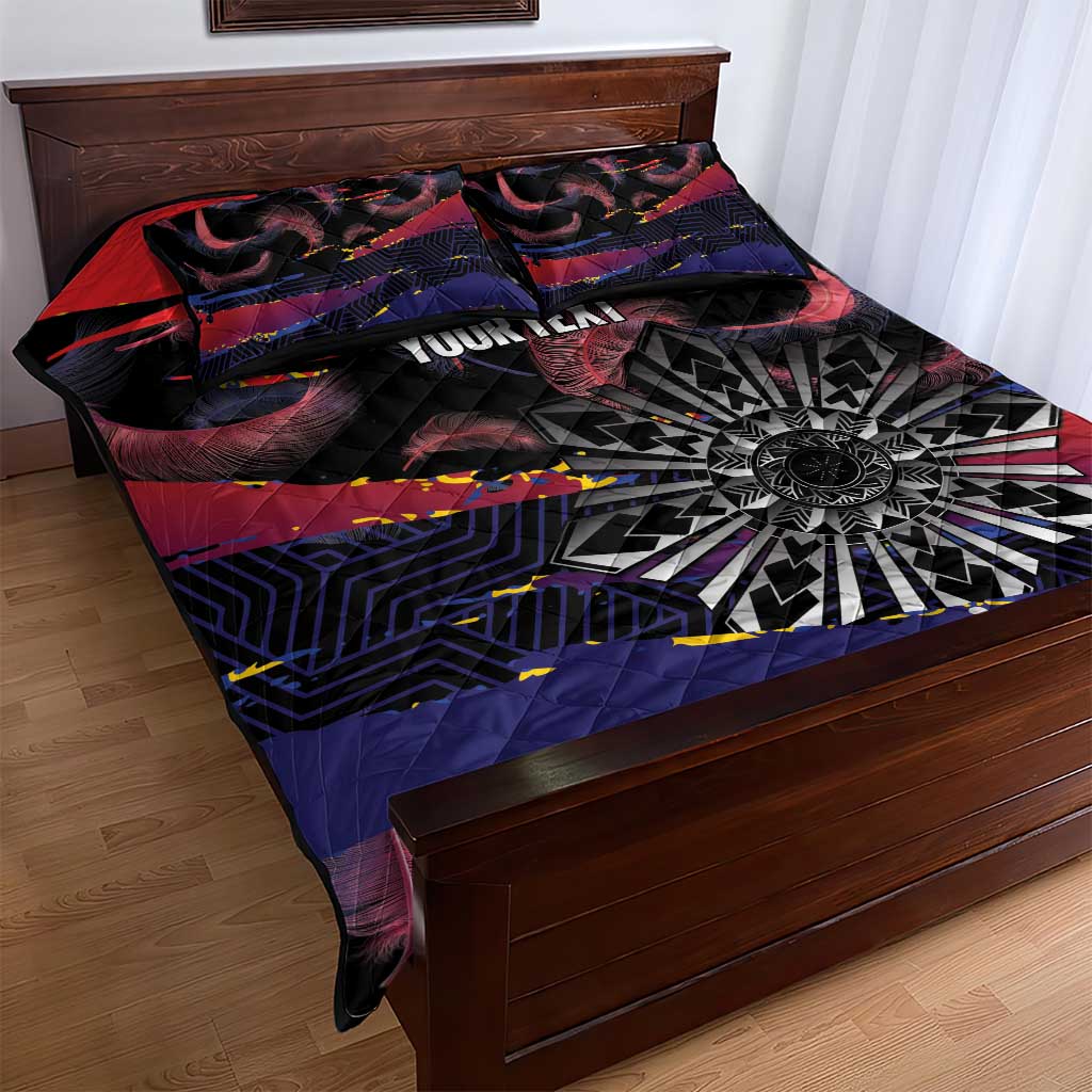 Philippines Sun Tattoo Quilt Bed Set Feathers Filipinas Grunge Style Black LT14 - Polynesian Pride