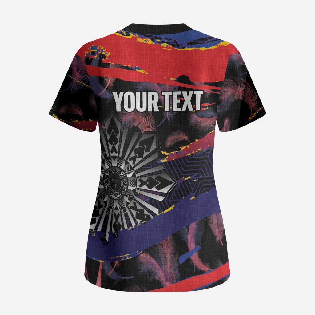 Philippines Sun Tattoo Scrub Top Feathers Filipinas Grunge Style Black LT14 - Polynesian Pride