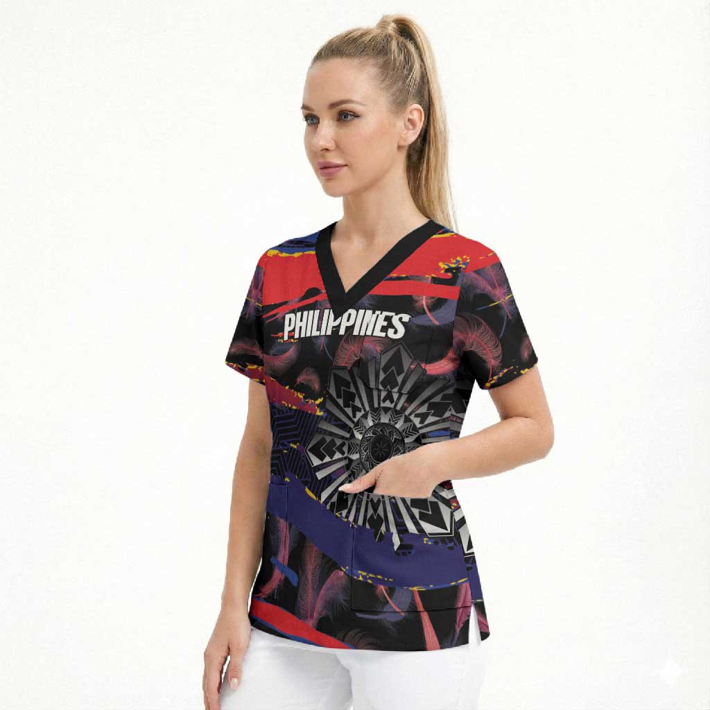 Philippines Sun Tattoo Scrub Top Feathers Filipinas Grunge Style Black LT14 - Polynesian Pride