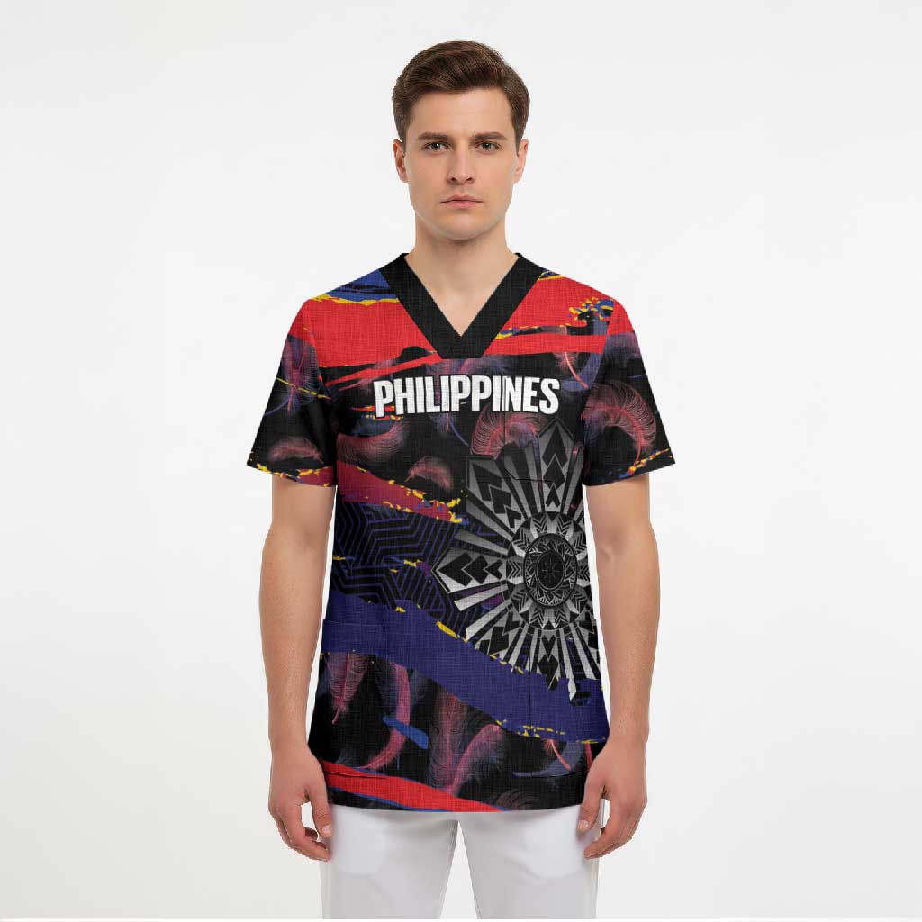 Philippines Sun Tattoo Scrub Top Feathers Filipinas Grunge Style Black LT14 - Polynesian Pride