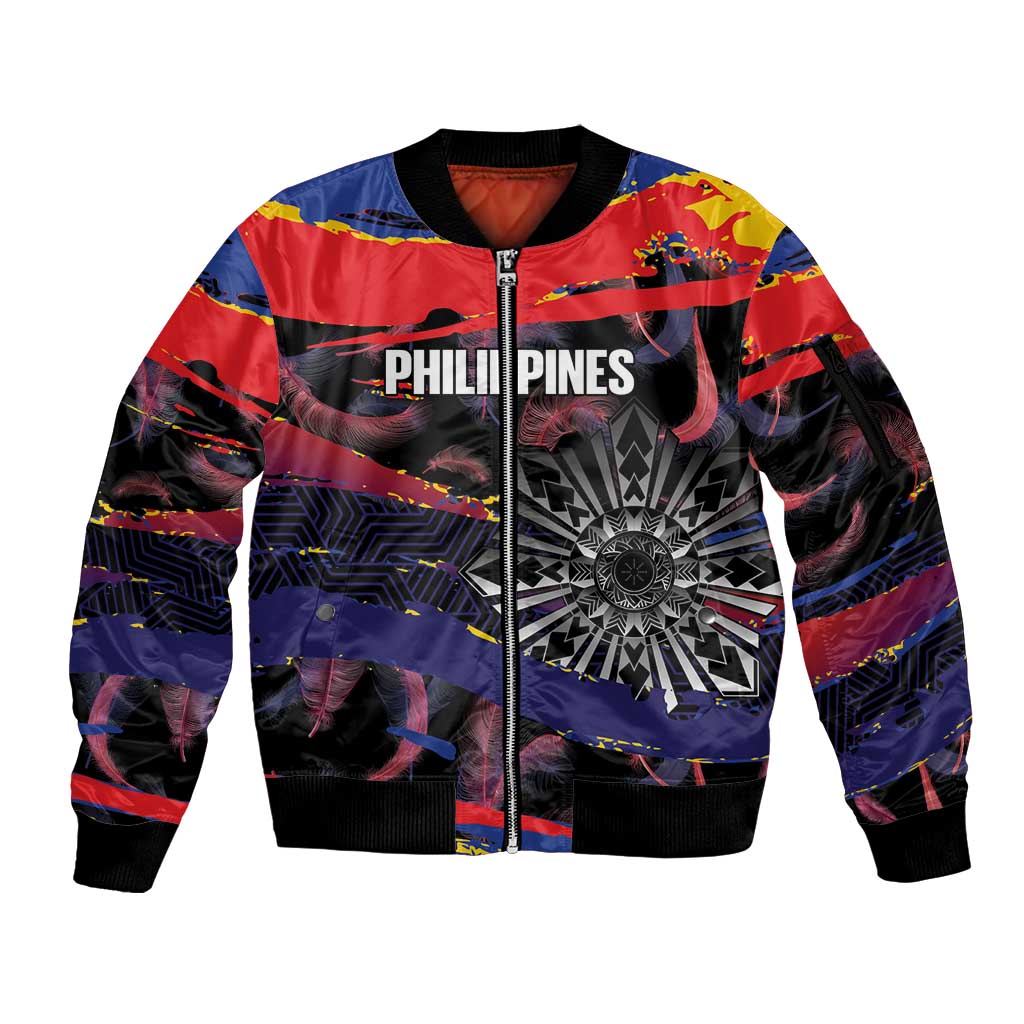 Philippines Sun Tattoo Sleeve Zip Bomber Jacket Feathers Filipinas Grunge Style Black LT14 Unisex Black - Polynesian Pride