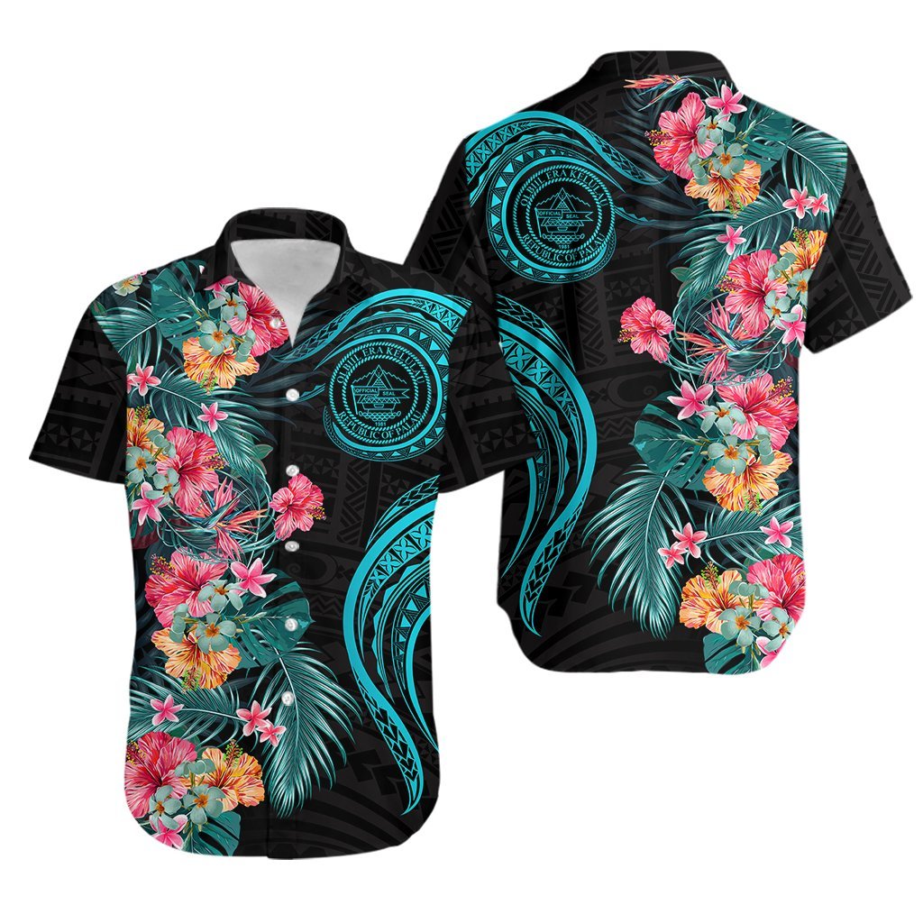 Palau Hawaiian Shirt Tropical Flowers With Polynesian Pattern LT14 Black - Polynesian Pride