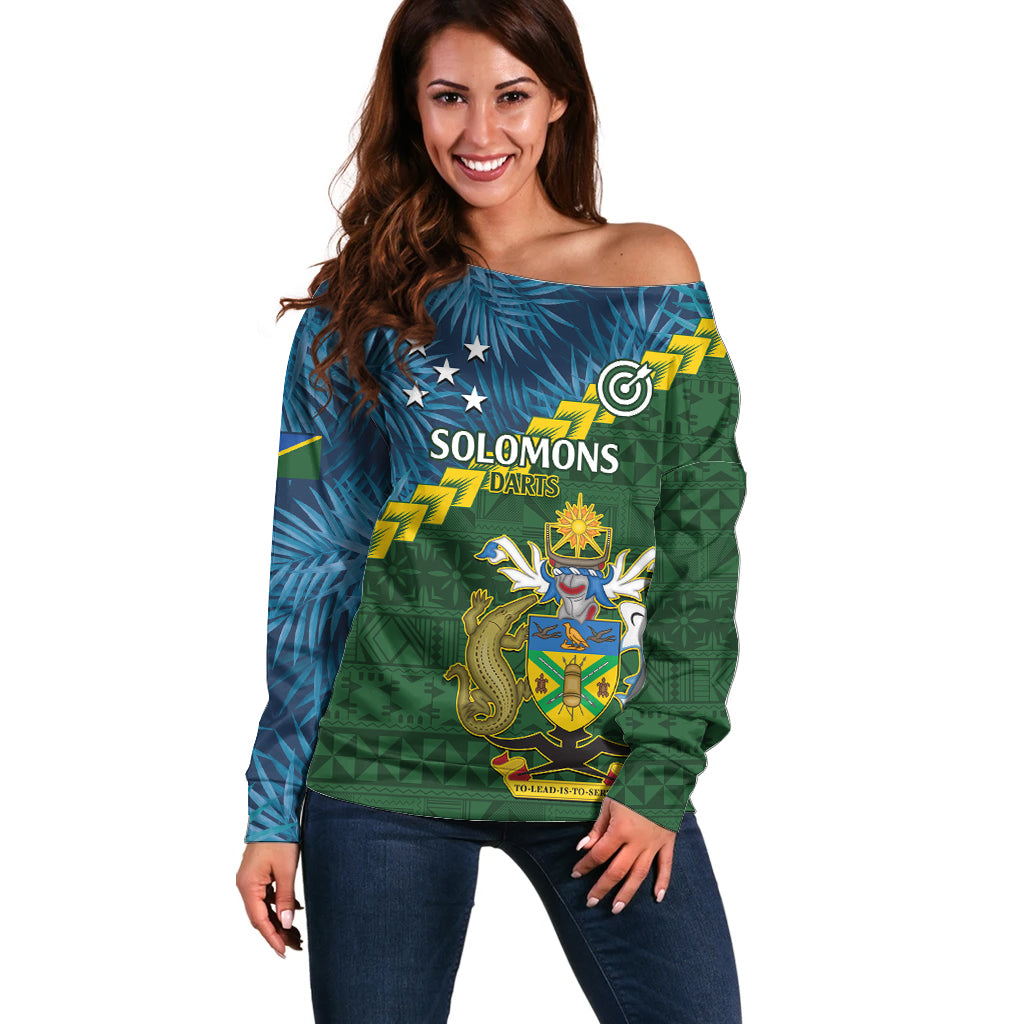 Personalised Solomon Islands Darts Off Shoulder Sweater Tropical Leaves Melanesian Pattern LT14 Women Green - Polynesian Pride