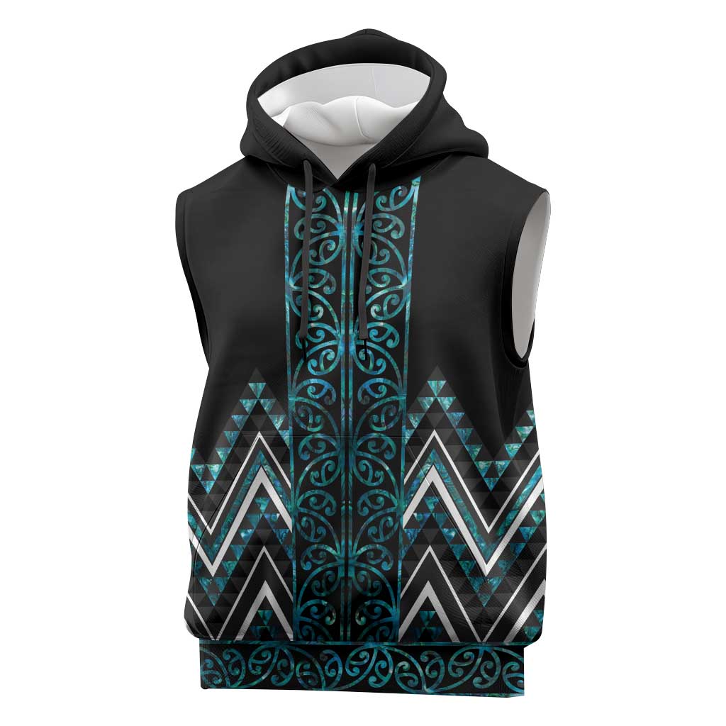 Paua Shell Aotearoa Mangopare Kowhaiwhai Niho Taniwha Sleeveless Hoodie Maori New Zealand LT14 Turquoise - Polynesian Pride