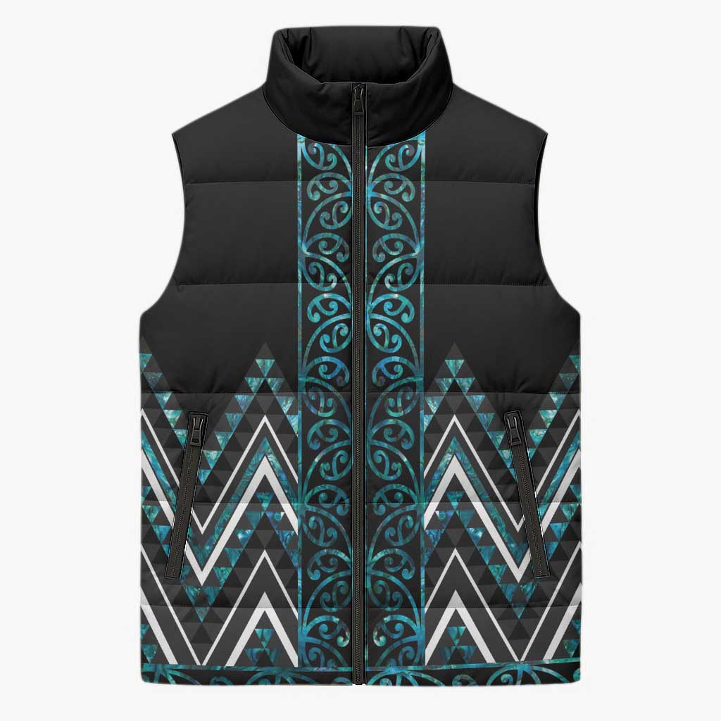 Paua Shell Aotearoa Mangopare Kowhaiwhai Niho Taniwha Sleeveless Puffer Jacket Maori New Zealand LT14 Unisex Turquoise - Polynesian Pride