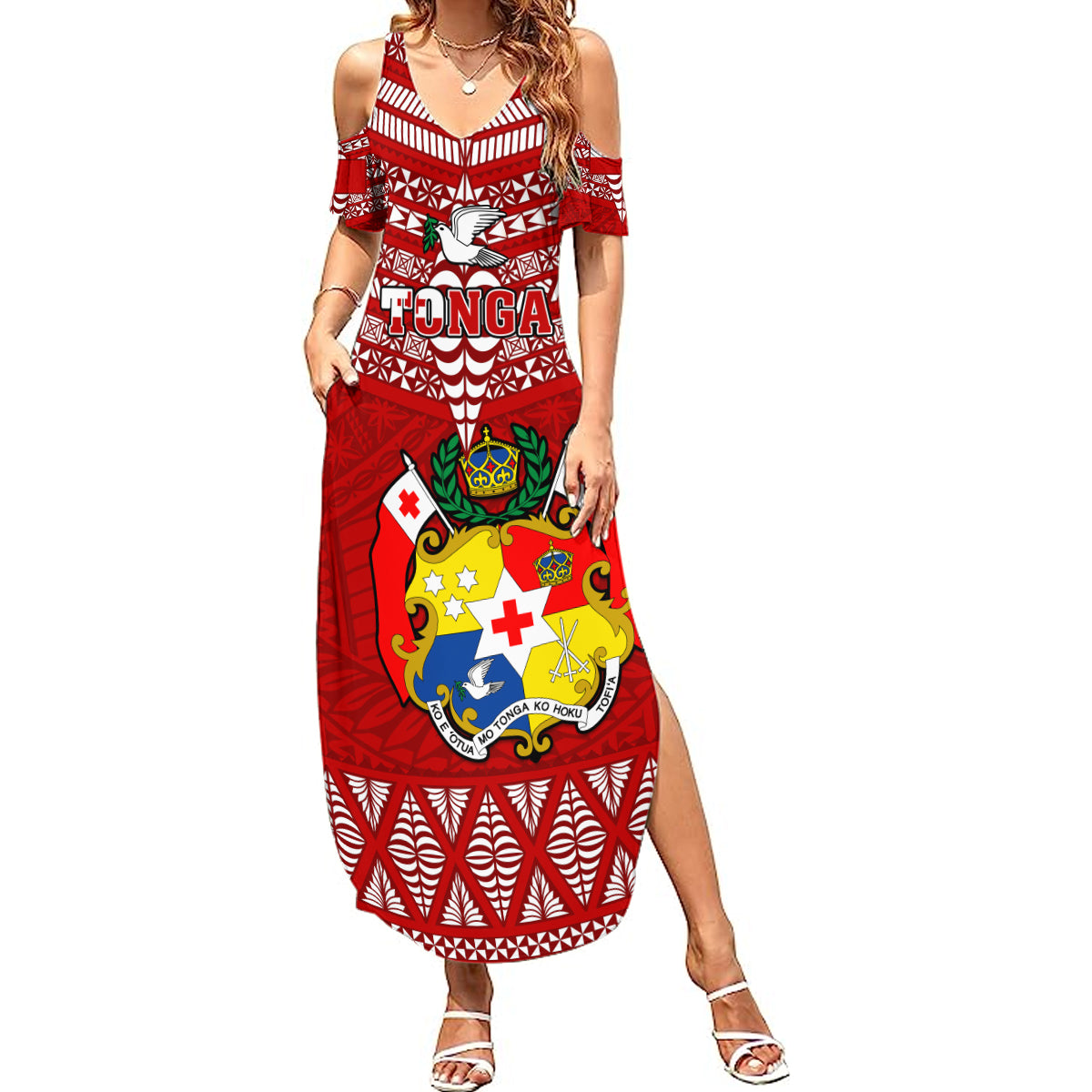 Tonga Rugby Summer Maxi Dress 2023 World Cup Tongan Kupesi Ngatu Pattern LT14 Women Red - Polynesian Pride