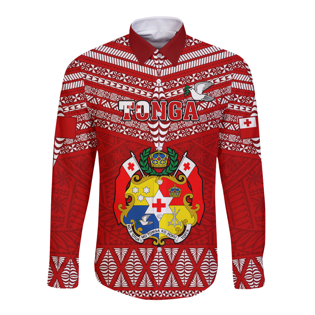 Custom Tonga Rugby Long Sleeve Button Shirt 2023 World Cup Tongan Kupesi Ngatu Pattern LT14 Unisex Red - Polynesian Pride