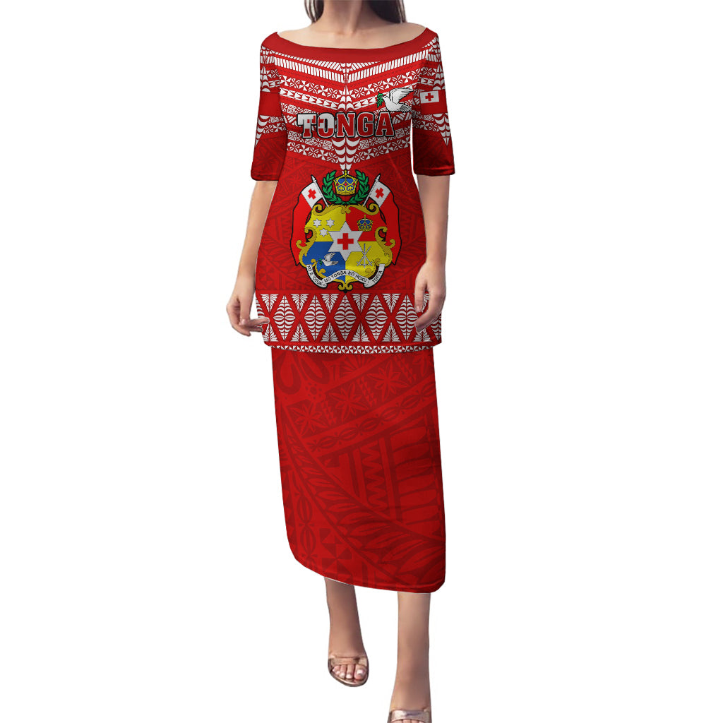 Custom Tonga Rugby Puletasi 2023 World Cup Tongan Kupesi Ngatu Pattern LT14 Long Dress Red - Polynesian Pride