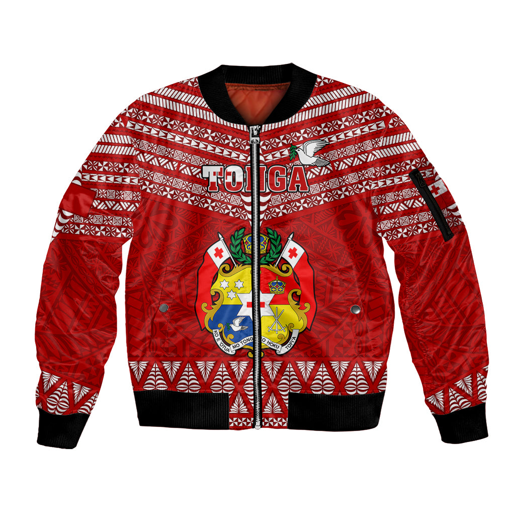Custom Tonga Rugby Sleeve Zip Bomber Jacket 2023 World Cup Tongan Kupesi Ngatu Pattern LT14 Unisex Red - Polynesian Pride