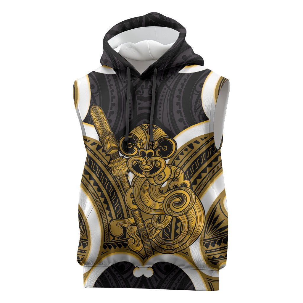 Kowhai Aotearoa Atua Tumatauenga Personalised Sleeveless Hoodie Maori God Of War Tiki With Taiaha LT14 Yellow - Polynesian Pride