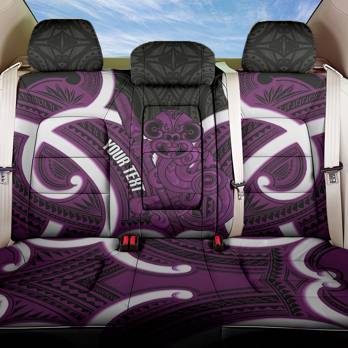 Waiporoporo Aotearoa Atua Tumatauenga Personalised Back Car Seat Cover Maori God Of War Tiki With Taiaha LT14 One Size Purple - Polynesian Pride
