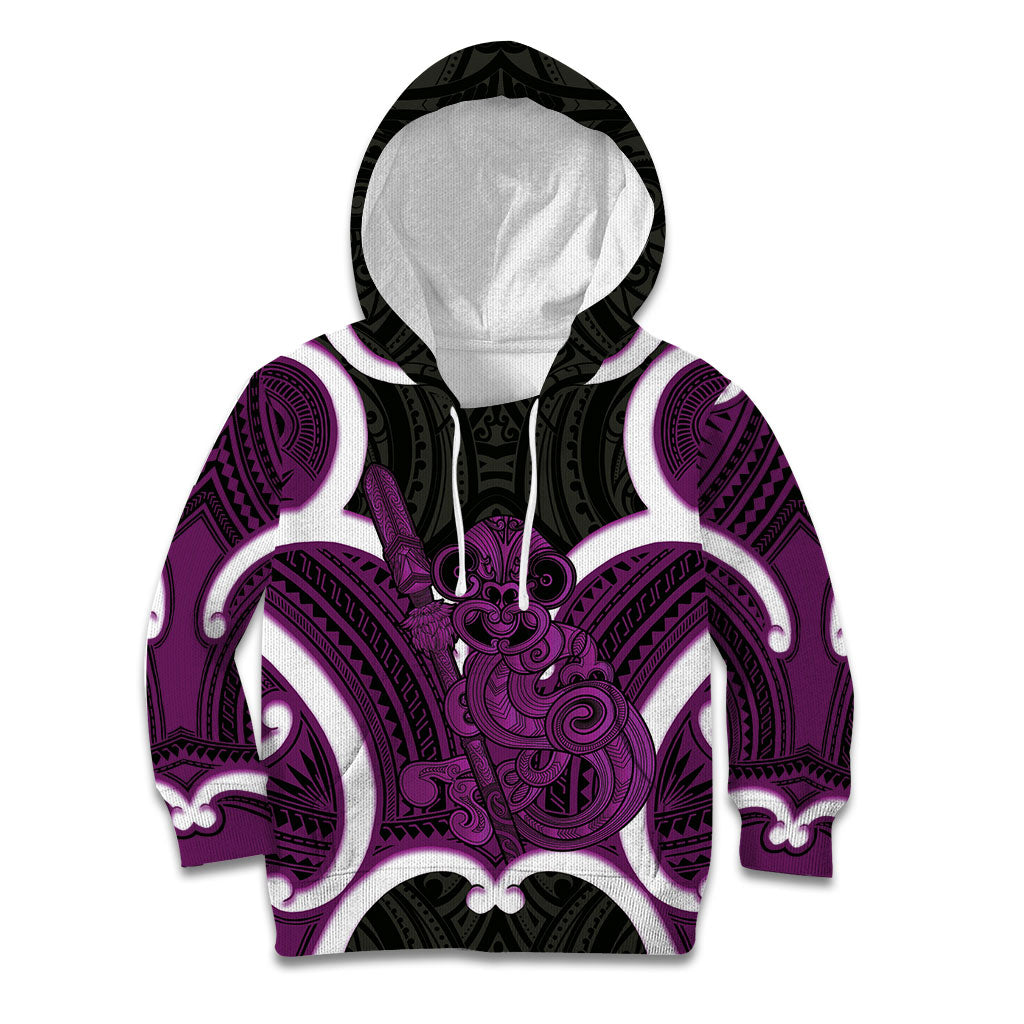 Waiporoporo Aotearoa Atua Tumatauenga Personalised Kid Hoodie Maori God Of War Tiki With Taiaha LT14 Hoodie Purple - Polynesian Pride