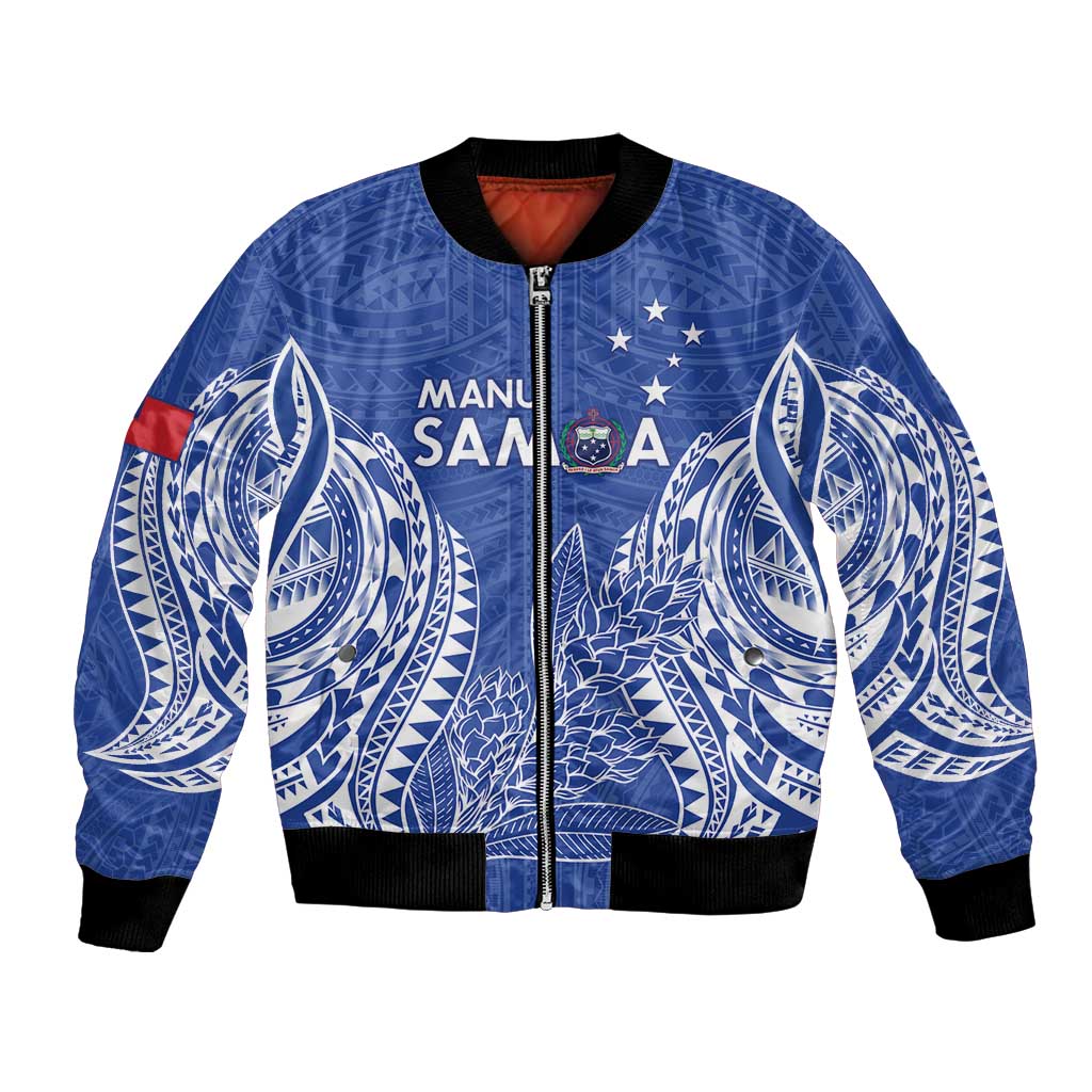 Custom Manu Samoa Rugby 2024 Bomber Jacket Go Champions Samoan Tattoo LT14 Unisex Blue - Polynesian Pride
