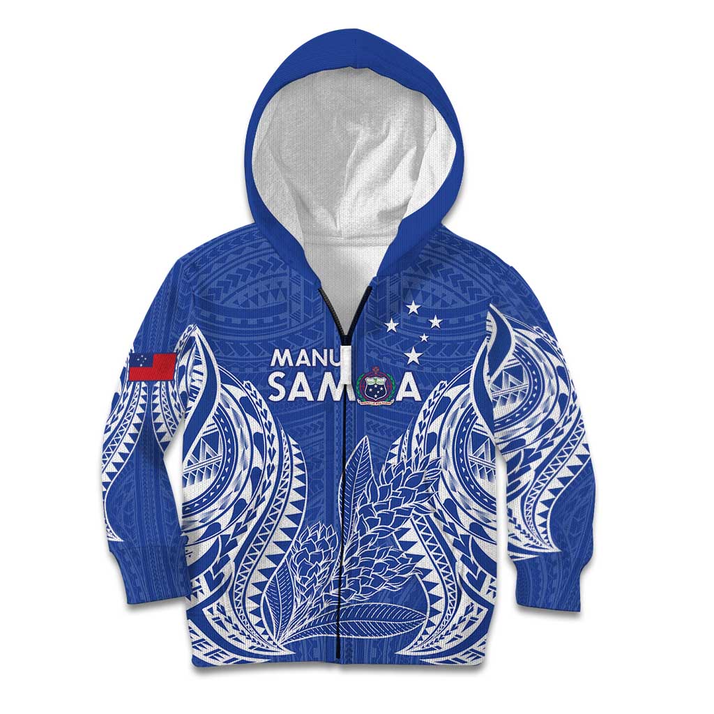 Custom Manu Samoa Rugby 2024 Kid Hoodie Go Champions Samoan Tattoo LT14 Zip Hoodie Blue - Polynesian Pride