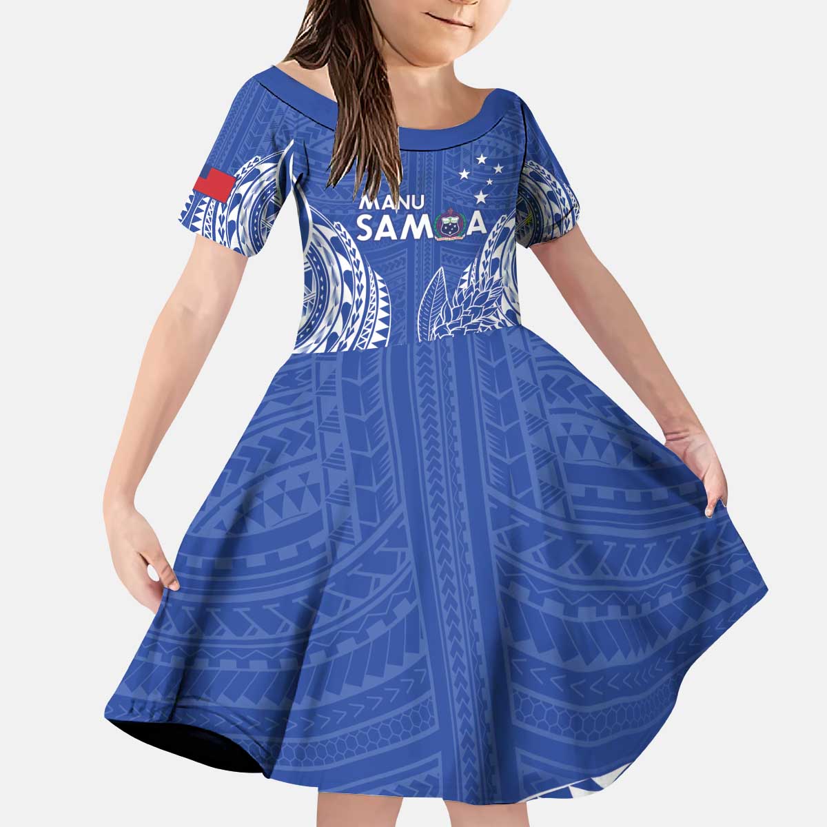 Custom Manu Samoa Rugby 2024 Kid Short Sleeve Dress Go Champions Samoan Tattoo LT14 KID Blue - Polynesian Pride