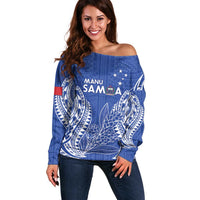 Custom Manu Samoa Rugby 2024 Off Shoulder Sweater Go Champions Samoan Tattoo LT14 Women Blue - Polynesian Pride
