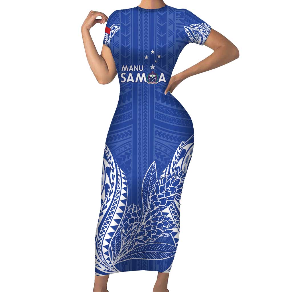 Custom Manu Samoa Rugby 2024 Short Sleeve Bodycon Dress Go Champions Samoan Tattoo