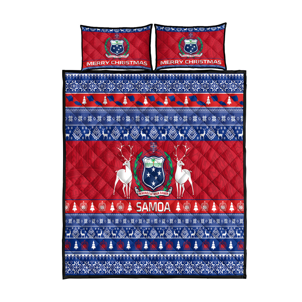 Personalised Samoa Christmas Quilt Bed Set Samoan Coat Of Arms Manuia Le Kirisimas LT14 Blue - Polynesian Pride