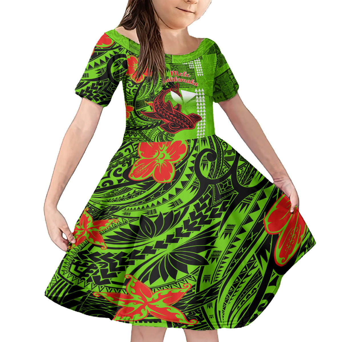Personalised Hawaii Christmas Kid Short Sleeve Dress Mele Kalikimaka Kakau Polynesian Shark Tattoo LT14 KID Green - Polynesian Pride