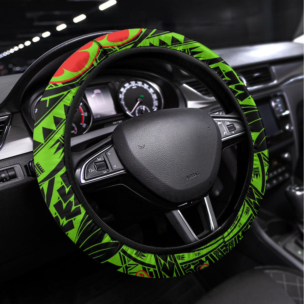 Hawaii Christmas Steering Wheel Cover Mele Kalikimaka Kakau Polynesian Shark Tattoo LT14 Universal Fit Green - Polynesian Pride