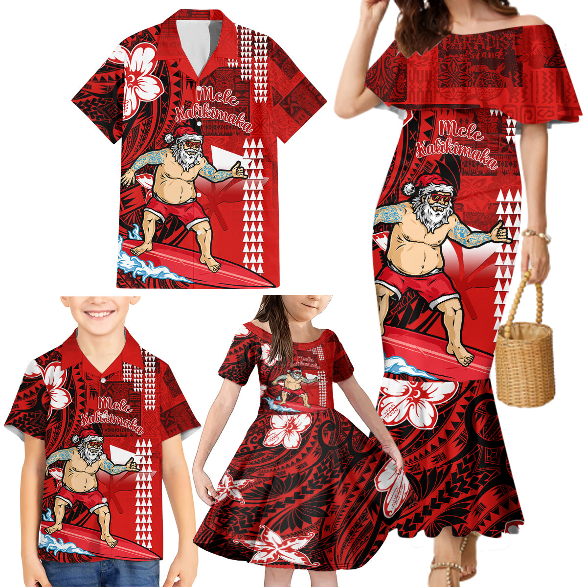 Personalised Hawaii Christmas Family Matching Mermaid Dress and Hawaiian Shirt Mele Kalikimaka Surfing Santa Claus LT14 - Polynesian Pride